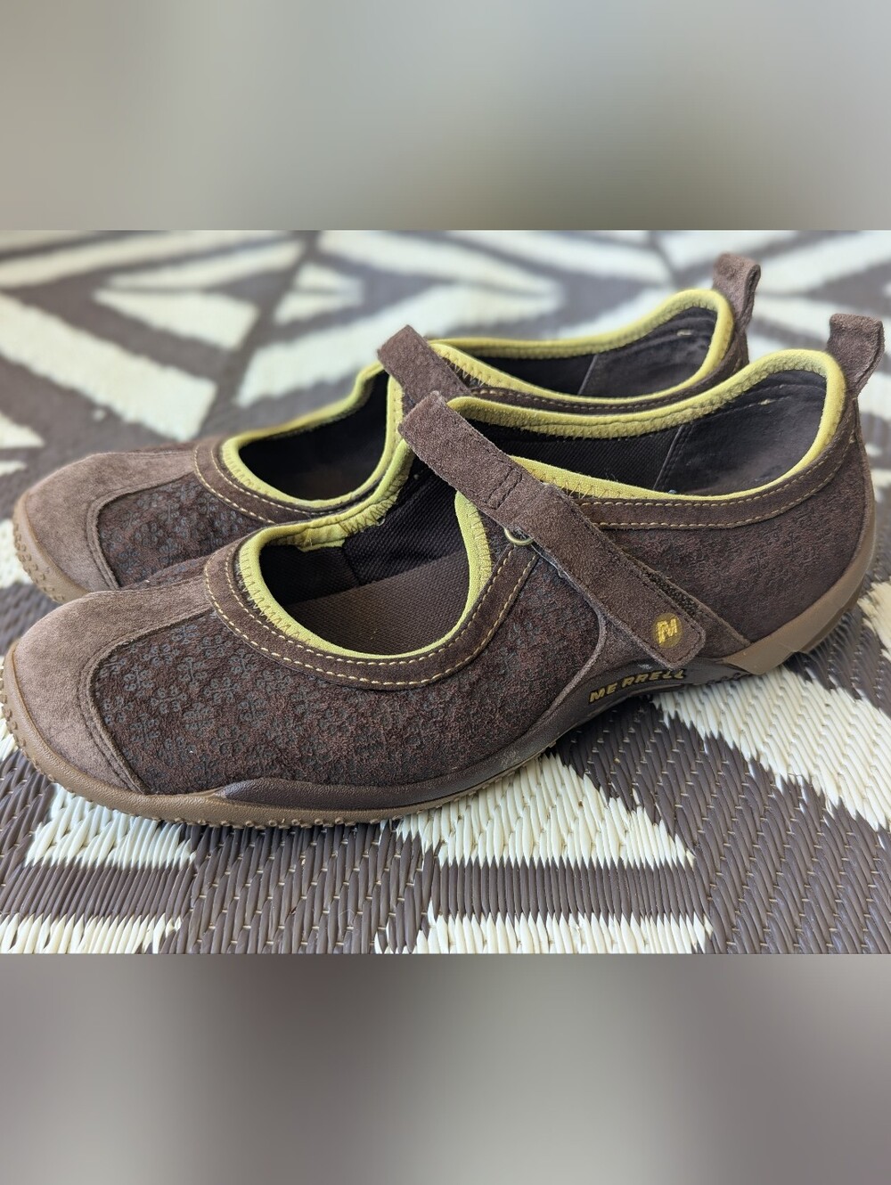 Merrell Brown Suede Mary Jane Flats with Yellow-Green Trim